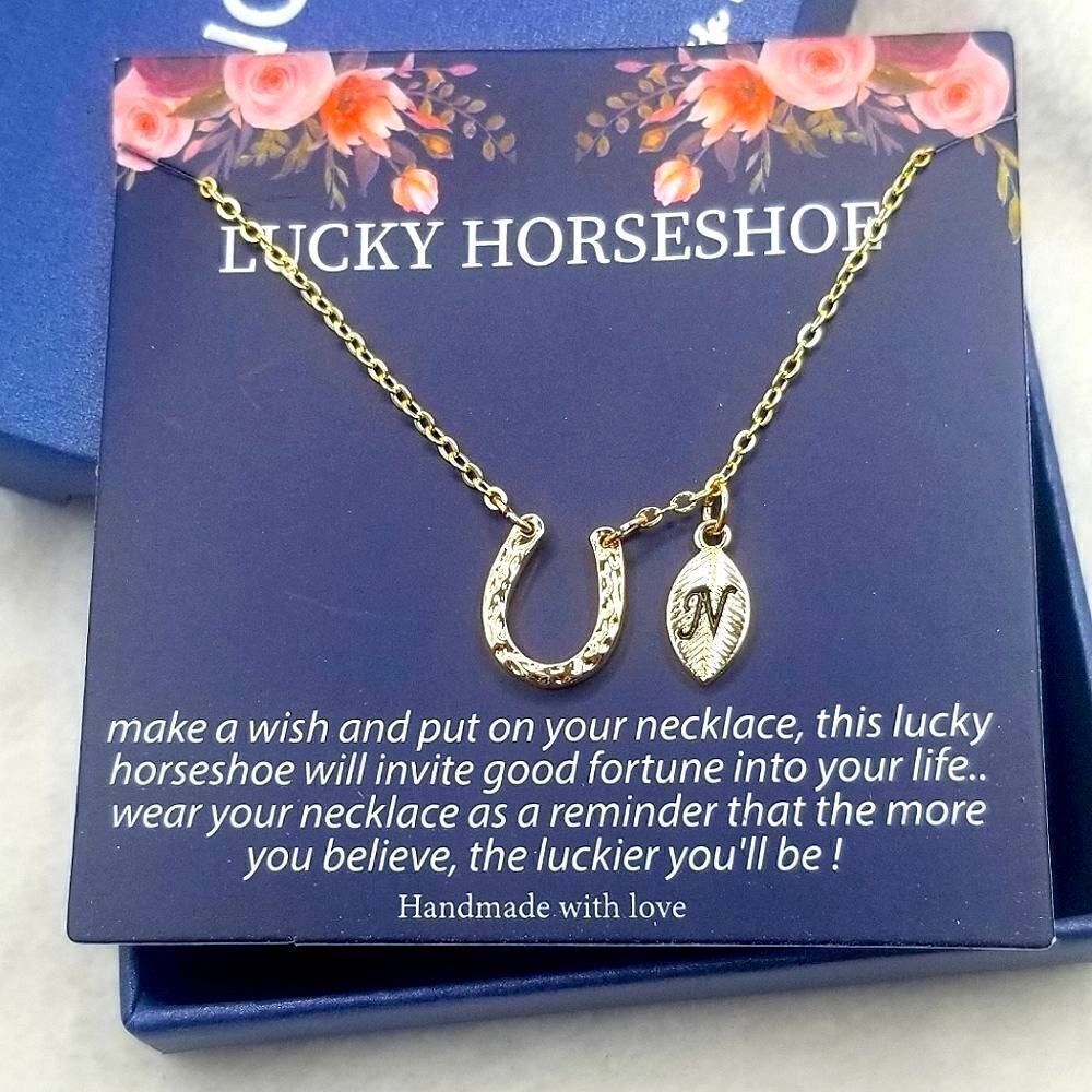 Gold plated horse shoe chain pendant necklace Initial letter N.